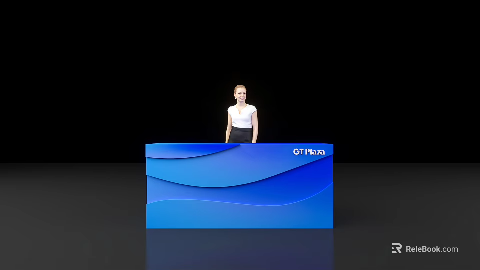 Blue Modern Reception Desk With OTPAY Logo And Person Standing Behind 3d model 
