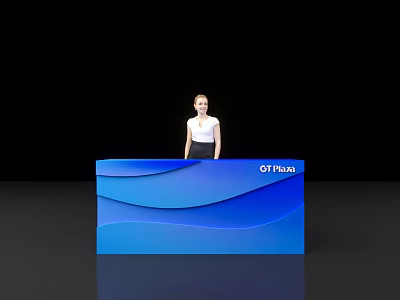 Blue Modern Reception Desk With OTPAY Logo And Person Standing Behind 3d model