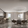Modern Elegant Living Dining Room Interior Design With Round Ceiling Black Chandelier And Striped Rug