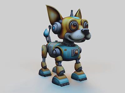 Modern Robot Dog Sculpture With Mechanical Legs Headphone And Blue Yellow Design 3d model