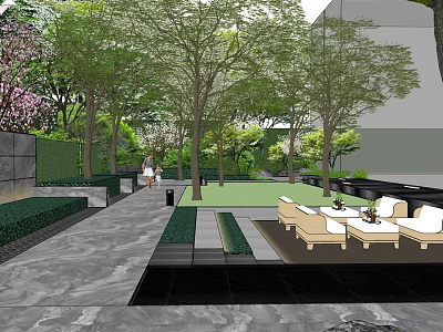 Garden Landscape Design With Lush Trees Stone Pathway Lawn Area And Modern Seating 3d model