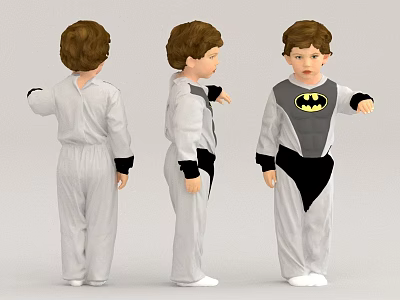 Three Boys Wearing Batman Logo Jumpsuits Showing Front Back Side Views 3d model
