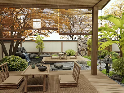 Japanese Courtyard Garden With Wooden Structure Lantern Waterfall Stone Path And Green Plants 3d model