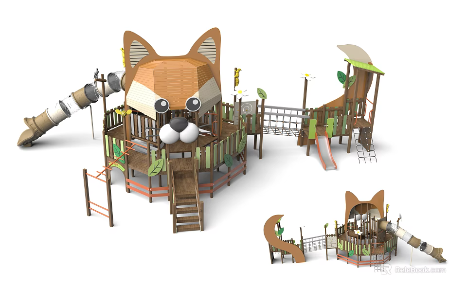 Adorable Fox Shaped Wooden Playground Structure with Slides Stairs and Green Decorations 3d model 