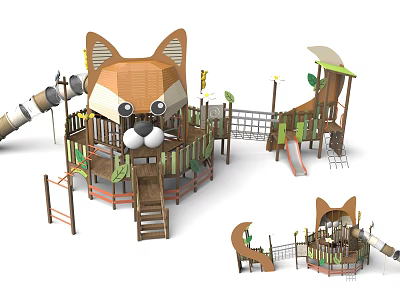 Adorable Fox Shaped Wooden Playground Structure with Slides Stairs and Green Decorations 3d model