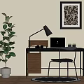 Modern Home Office Desk With Desk Lamp Laptop Wooden Chair Green Plant And Framed Artwork