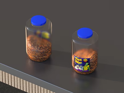 Brown Granular Food in Clear Glass Jars with Blue Lids and Label on Dark Surface 3d model