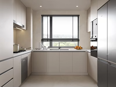 Modern Open Concept Kitchen Interior with White Cabinets Stainless Steel Appliances and Window Blinds 3d model