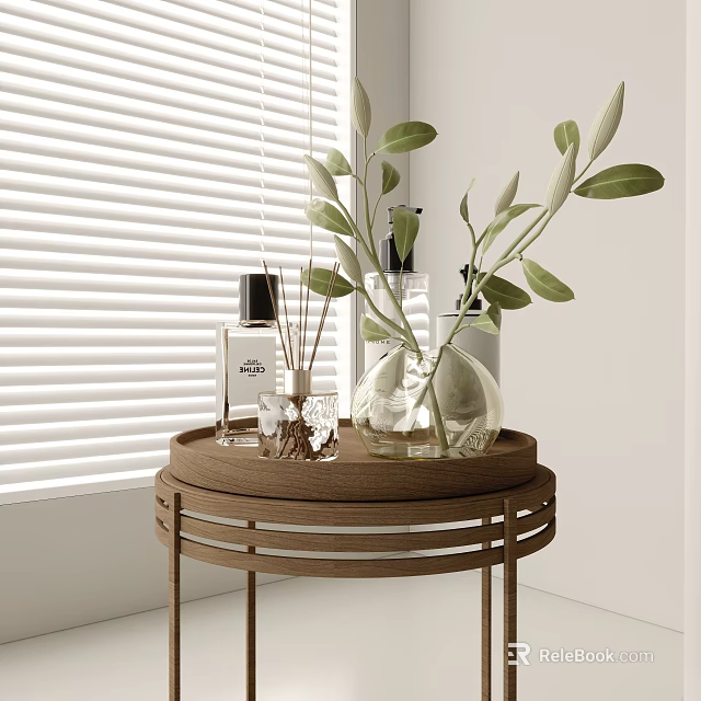 Modern Daily Washing Essentials Display on Wooden Table with Fragrance Diffusers Green Leaves and Blinds 3d model 