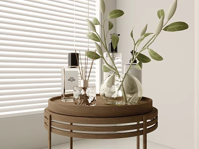 Modern Daily Washing Essentials Display on Wooden Table with Fragrance Diffusers Green Leaves and Blinds 3d model