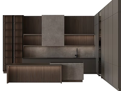 Modern Kitchen Interior With Ribbed Island Counter And Dark Gray Cabinets 3d model