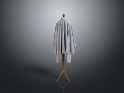 Wooden Coat Rack With Gray Knitted Shawl On Simple Dark Background 3d model
