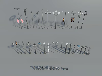 Various Styles Of Outdoor Lights With Metal Poles And Decorative Designs 3d model