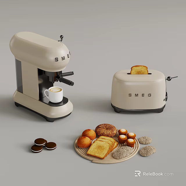 SMG Coffee Machine And Toaster With Coffee Bread And Cookies On Table 3d model