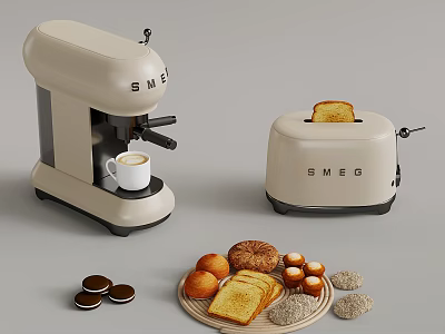 SMG Coffee Machine And Toaster With Coffee Bread And Cookies On Table 3d model