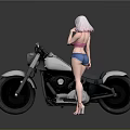 White Cruiser Motorcycle With Pink Haired Woman In Blue Shorts Standing