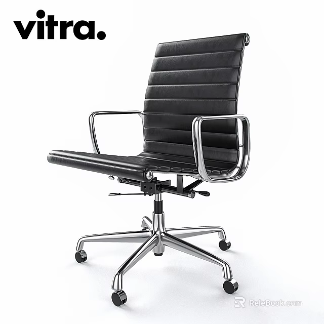 Black Leather Office Chair With Silver Metal Frame Armrests Swivel Base And Rolling Wheels 3d model 