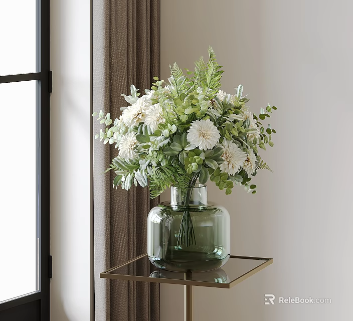 Green Glass Vase With White Flowers And Green Leaves On Small Table 3d model 