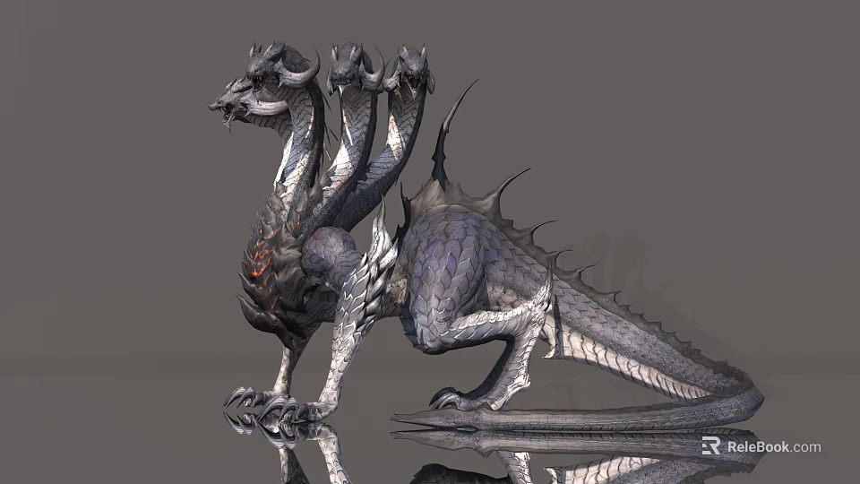 Mystical Flying Dragon with Multiple Heads Silver Scales Sharp Wings Standing Pose and Reflection 3d model 