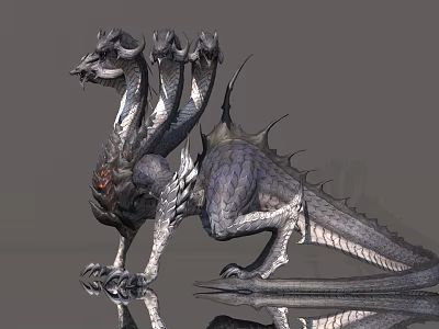 Mystical Flying Dragon with Multiple Heads Silver Scales Sharp Wings Standing Pose and Reflection 3d model