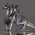 Mystical Flying Dragon with Multiple Heads Silver Scales Sharp Wings Standing Pose and Reflection