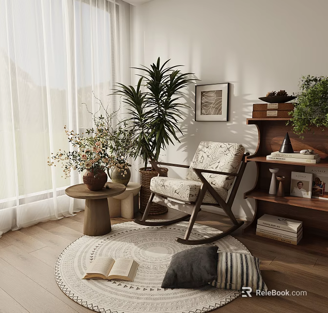 Cozy Rocking Chair in Sunlit Space with Sheer Curtains Indoor Plants and Round Rug 3d model 
