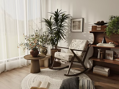 Cozy Rocking Chair in Sunlit Space with Sheer Curtains Indoor Plants and Round Rug 3d model