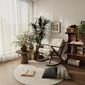Cozy Rocking Chair in Sunlit Space with Sheer Curtains Indoor Plants and Round Rug