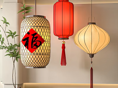 Traditional Red Yellow Beige Lanterns With Fu Character And Tassels Hanging Indoors With Green Plants 3d model