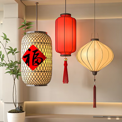 Traditional Red Yellow Beige Lanterns With Fu Character And Tassels Hanging Indoors With Green Plants 3d model