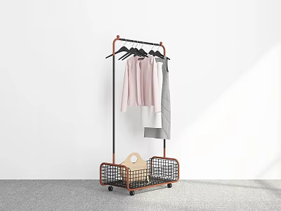 Freestanding Metal Clothes Hanger With Wheels Basket And Hanging Pink Top Gray Coat 3d model