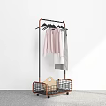 Freestanding Metal Clothes Hanger With Wheels Basket And Hanging Pink Top Gray Coat