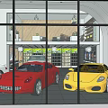 Car Dealership Showroom Interior With Reception Desk Displayed Cars Staircase And Waiting Area
