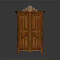 Traditional Wooden Cabinet With Double Doors And Ornamental Carved Top Design