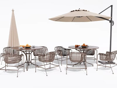 Outdoor Rattan Table And Chair Set With Patio Umbrella And Fruit Arrangement 3d model