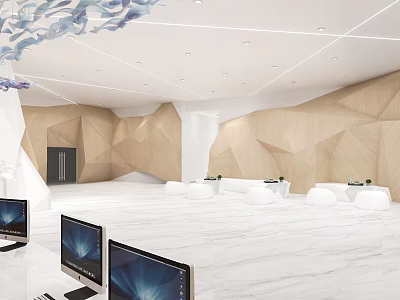 Modern Reception Area Interior With Geometric Wooden Walls White Desk Computers And Sofas 3d model