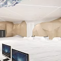 Modern Reception Area Interior With Geometric Wooden Walls White Desk Computers And Sofas