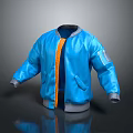 Stylish Blue Bomber Jacket with Orange Zipper Gray Cuffs and Left Arm Patch 3d model