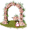 Floral Decor Arch with Pink White Flowers Grass Ground Table Bouquet and Cake