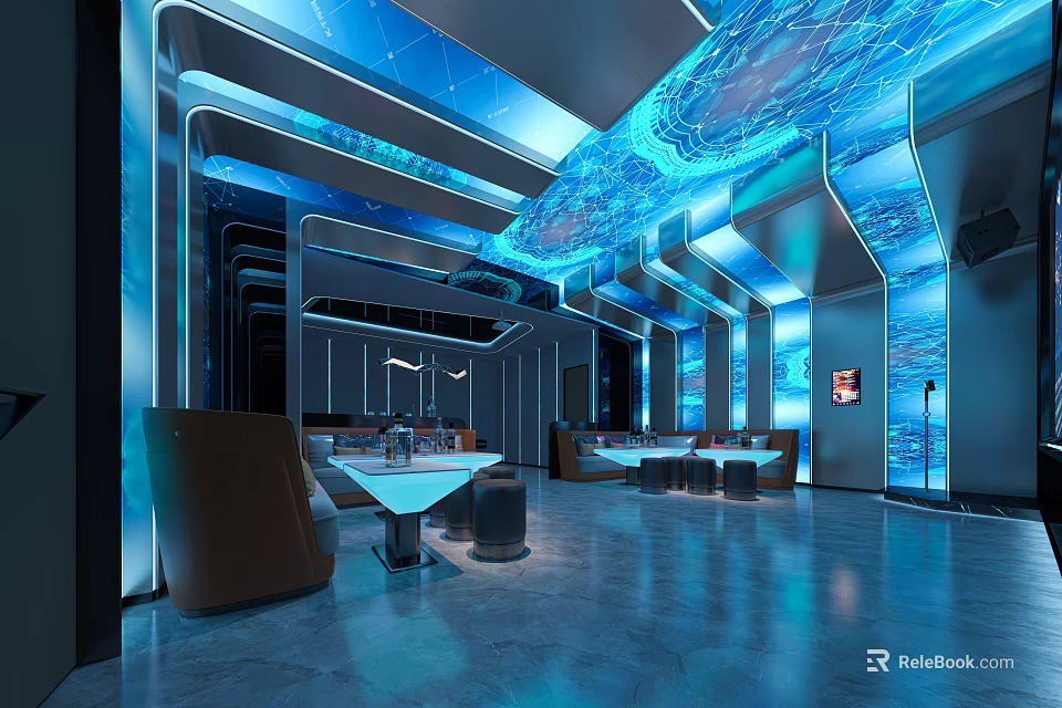 Stylish Modern KTV Interior Design With Blue Ambient Lighting Comfortable Sofa Seats And Bar Counter 3d model 