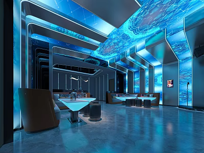 Stylish Modern KTV Interior Design With Blue Ambient Lighting Comfortable Sofa Seats And Bar Counter 3d model