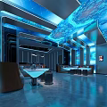 Stylish Modern KTV Interior Design With Blue Ambient Lighting Comfortable Sofa Seats And Bar Counter