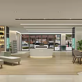 Modern Bank Interior Design With Lobby Comfortable Sofa Green Plants Digital Screen And Counter