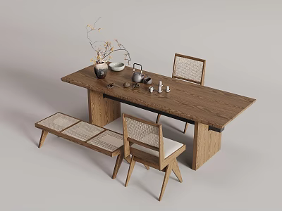 Natural Style Solid Wood Dining Table Set With Woven Chairs Bench And Decorative Items 3d model