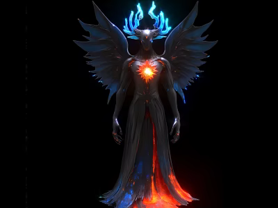 Fantasy Game Character With Antler Wings Glowing Heart And Flame Effects 3d model