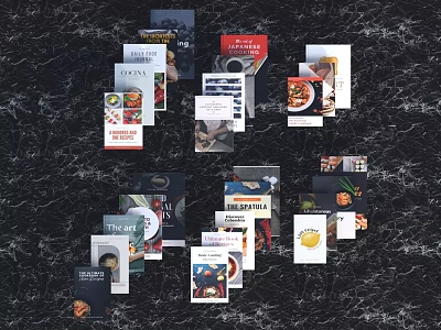 Various Types of Art Literature Cooking Books and Magazines Scattered on Black Marble Background 3d model