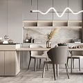 Modern Open Kitchen Dining Space With Wavy Pendant Lights Marble Island And Dining Chairs