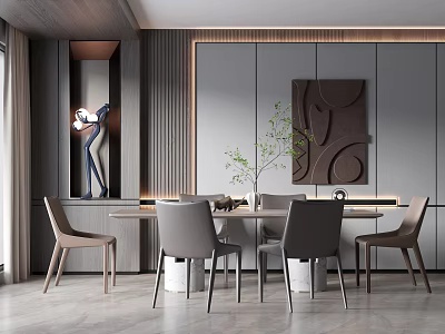 Modern Restaurant Interior Design With Dining Table Chairs Decorative Artwork And Green Plant 3d model