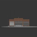 Small Brick Building With Brown Roof Tall Poles Large Windows And Green Grass Area