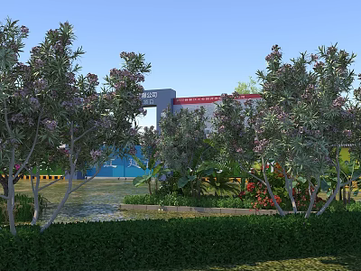 Clear Blue Sky Scenery With Lush Flowering Trees And Dense Green Shrubs By Factory Gate 3d model